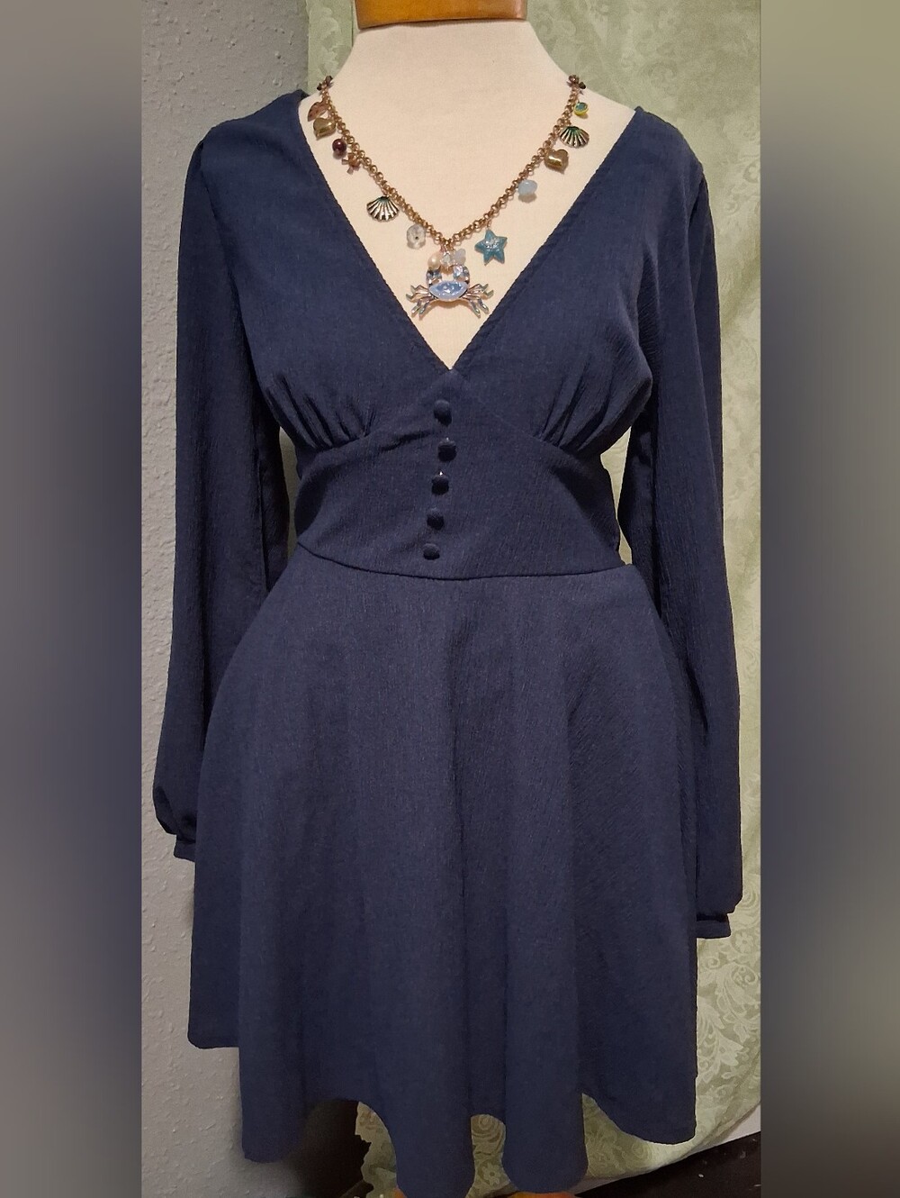 B. Smart Navy Long-Sleeve V-Neck A-Line Dress with Covered Buttons